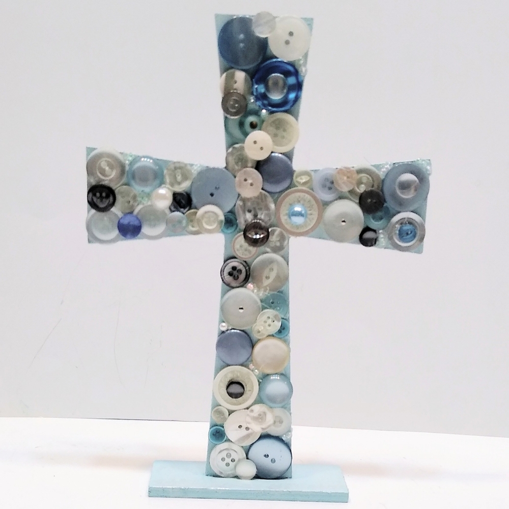 Hand crafted tramp art free-standing wood cross. Decorative cross.